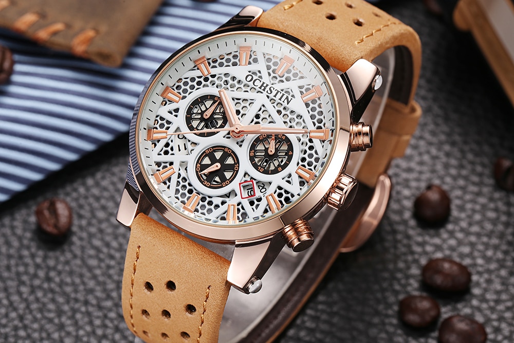 OCHSTIN GQ052B Men Leather Quartz Sport Multifunction Wrist Watch- Khaki