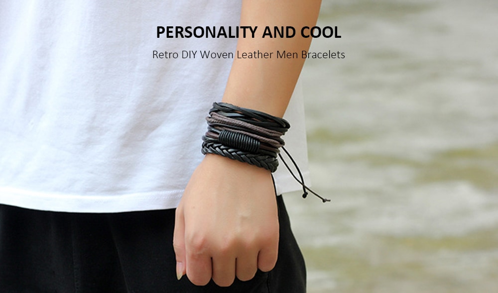 Retro DIY Woven Leather Men Bracelet 4pcs- Multi-A
