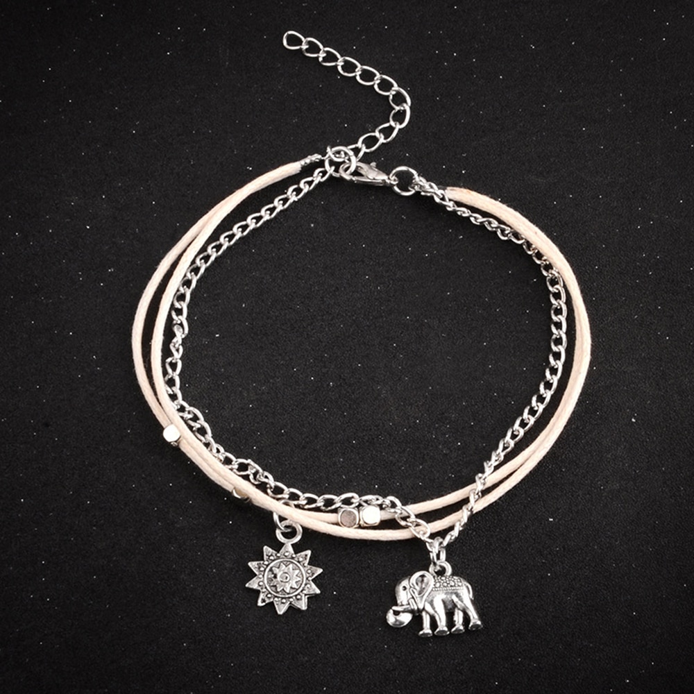 Women'S Fashion Bohemia Baby Elephant Sun Triple Bead Anklet- Silver 1 set