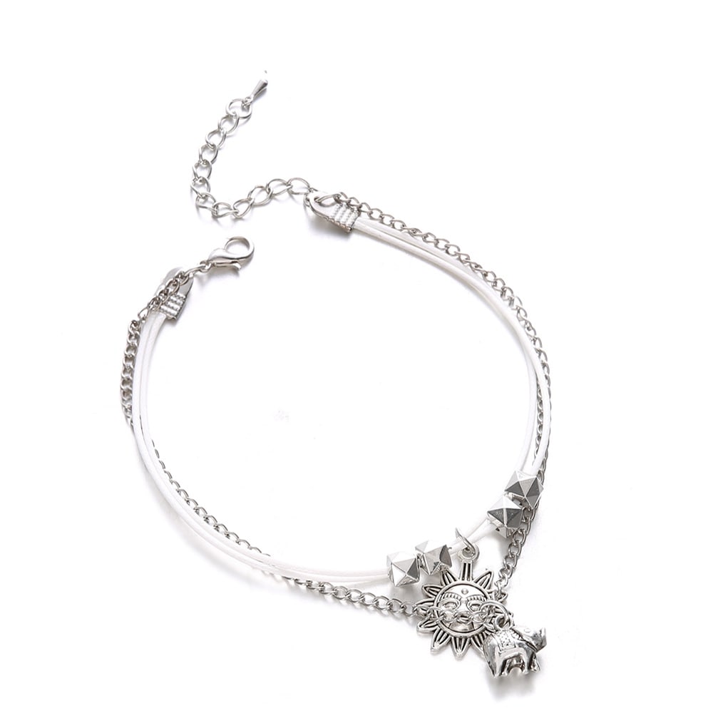 Women'S Fashion Bohemia Baby Elephant Sun Triple Bead Anklet- Silver 1 set