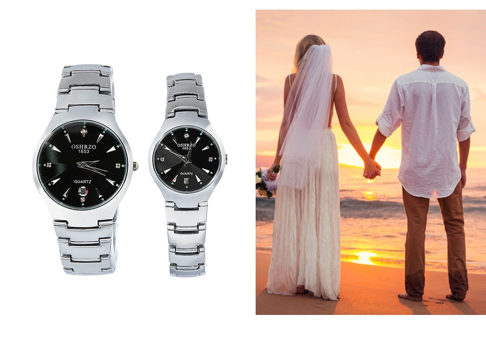 OSHRZO os8015g1 Couple Quartz Watch Date Display Rhinestone Stainless Steel Band Water Resistance Wristwatch- Black
