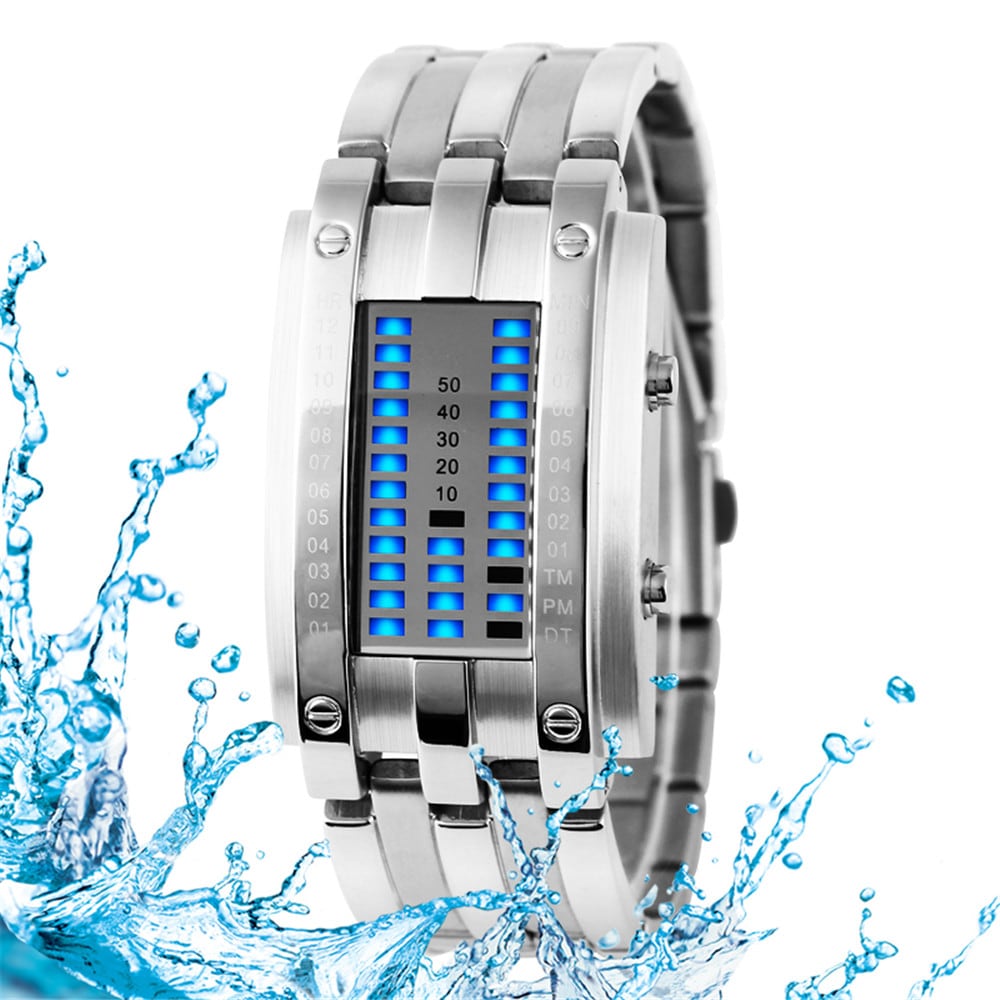 REEBONZ Water Resistant Men Date Binary Digital LED Bracelet Watch Rectangle Dial Sports Couple Watch- Silver