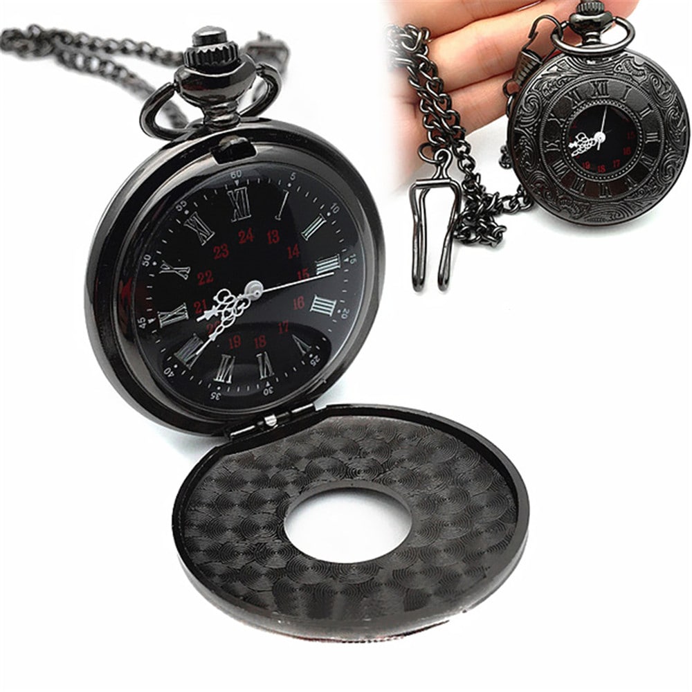 Roman Pattern Steampunk Retro Vintage Quartz Numerals Pocket Watch- Black
