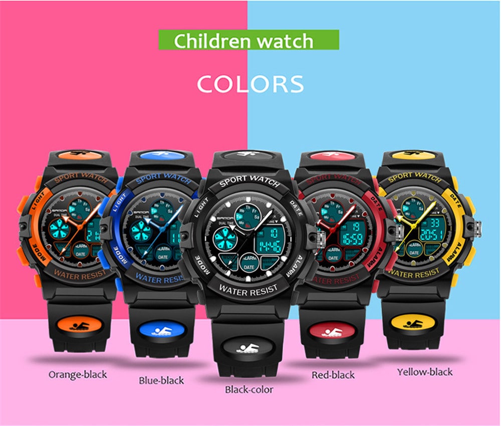 SANDA Dual Display Digital Children Colorful Alarm Luminous Calendar Watch- Red