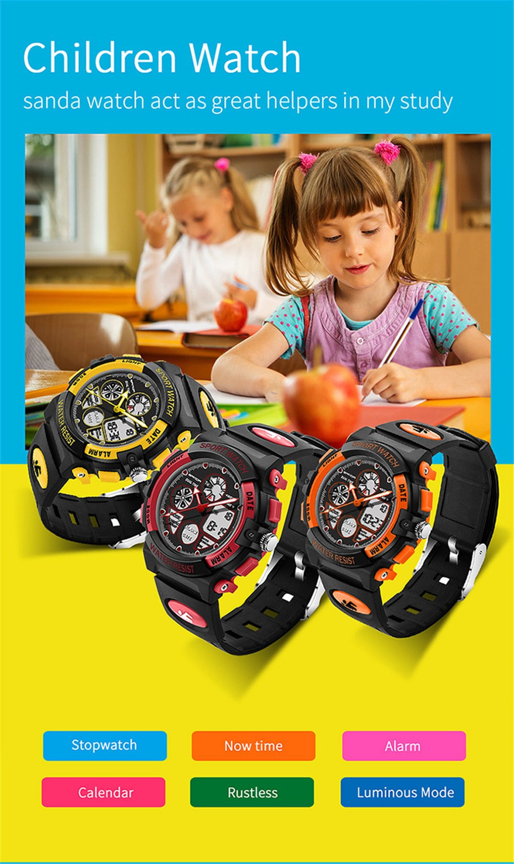 SANDA Dual Display Digital Children Colorful Alarm Luminous Calendar Watch- Red