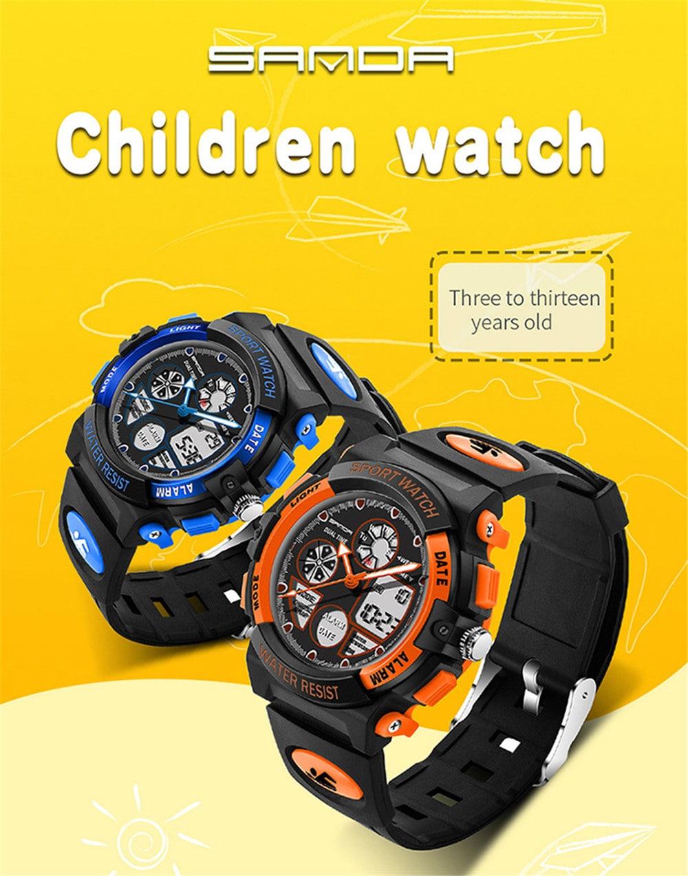 SANDA Dual Display Children Colorful Alarm Luminous Calendar Watch- Red