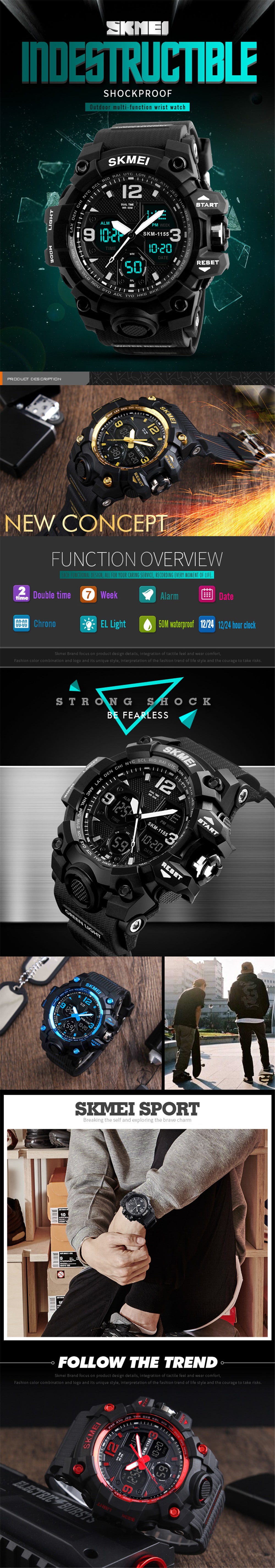 SKMEI Fashion Men LED Digital Multi-function Sports Watch- Gold
