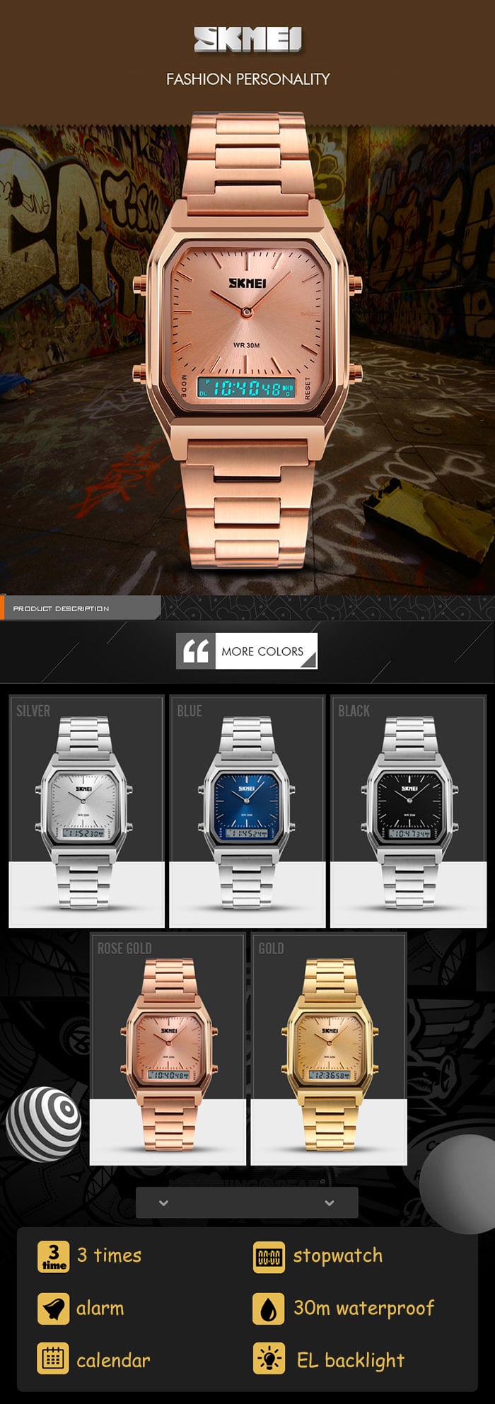 SKMEI 1220 Dual Time Display Fashion Unisex Watch with EL Backlight- Black