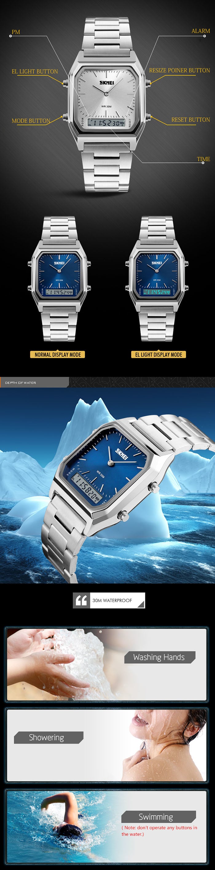 SKMEI 1220 Dual Time Display Fashion Unisex Watch with EL Backlight- Black