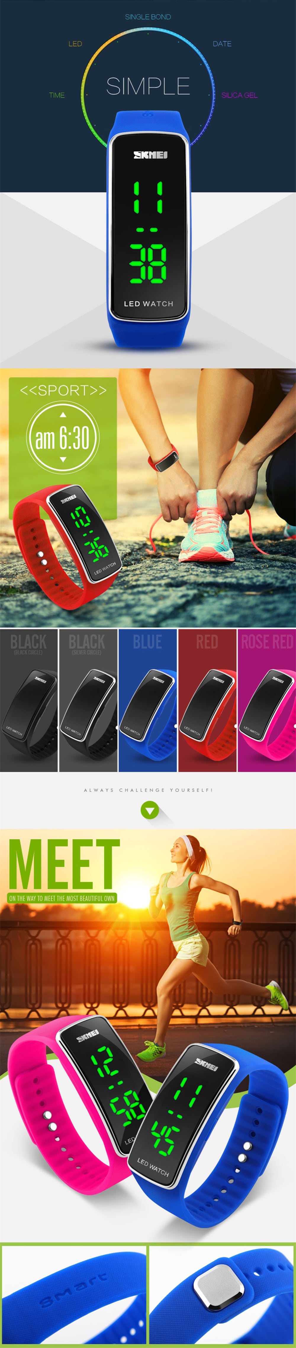 SKMEI Unisex Slim Design LED Digital Silicone Strap Watch Cool Watches- Black
