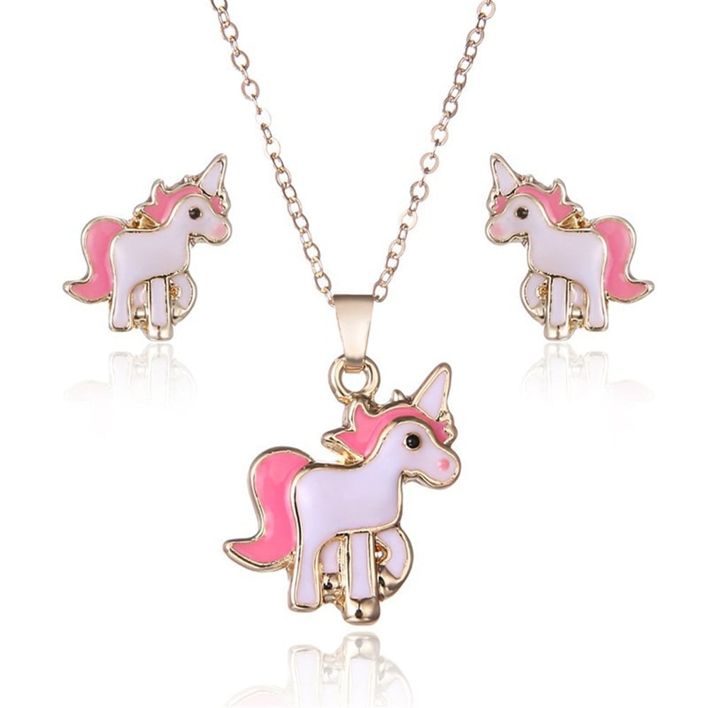 Pink Unicorn Necklace Earrings- Pink