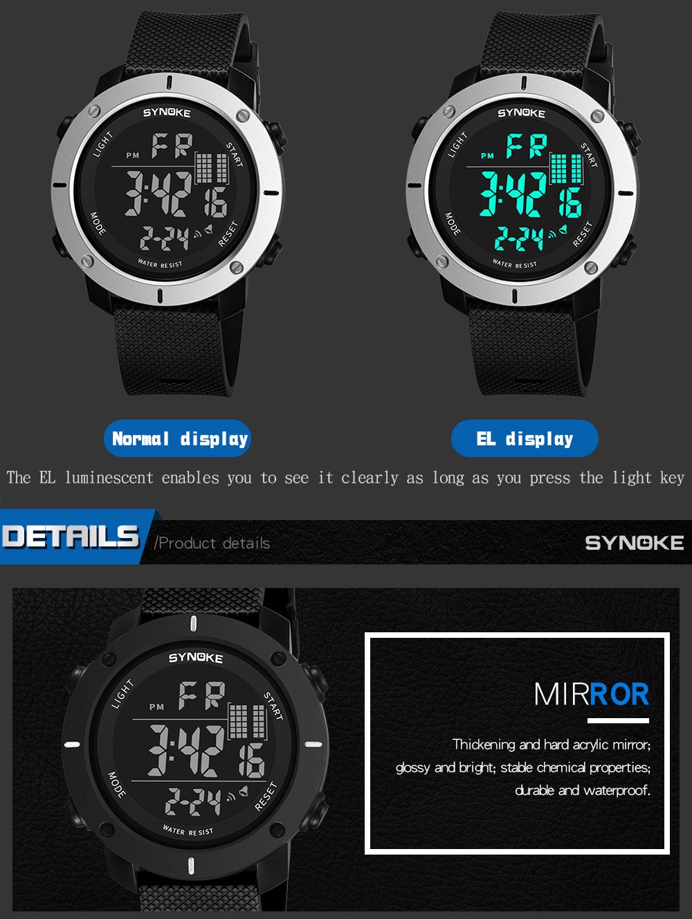 SYNOKE Multi-Functional Waterproof Outdoor Digital Watches- Black