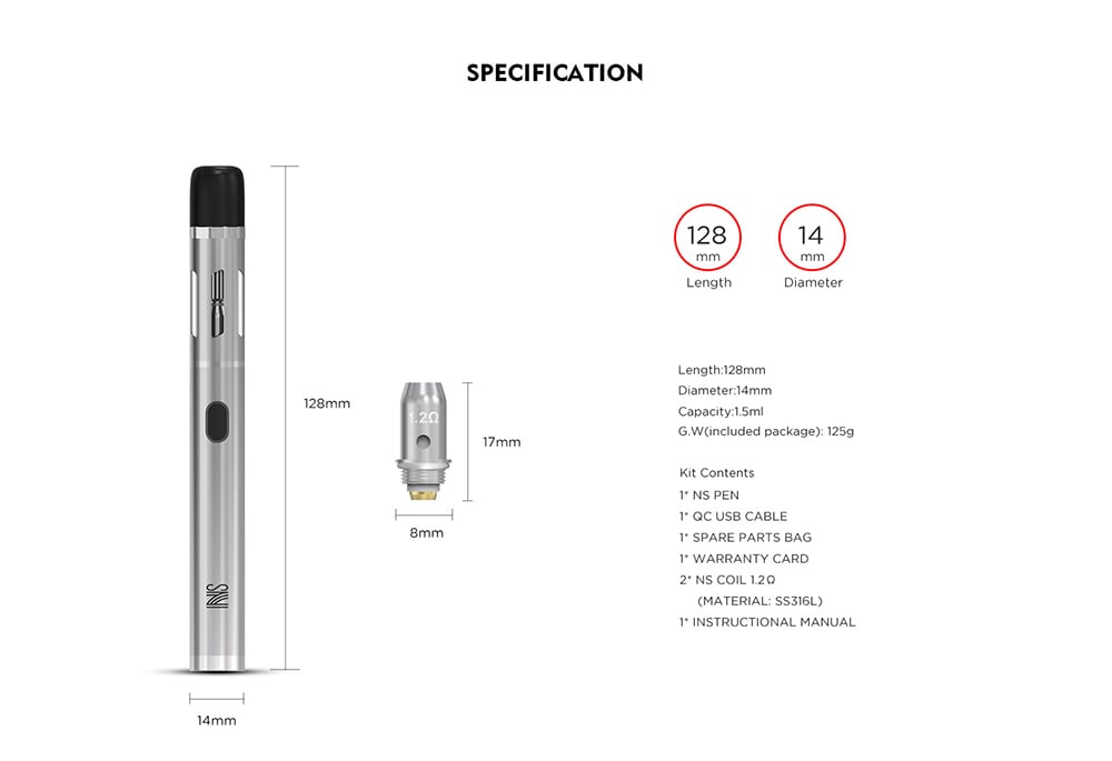 Vandy Vape NS Pen 1.5ml Kit with Built-in 650mAh Li-ion Battery- Silver