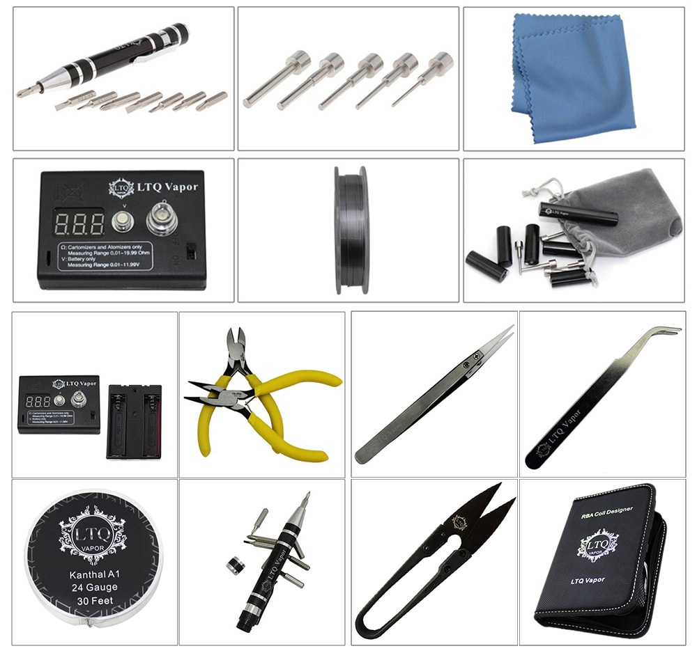 Original LTQ Vapor RBA Coil Designer Disassembling Repair Tools Kit with 16 Pieces Tool for Electronic Cigarettes DIY Atomizer- Black