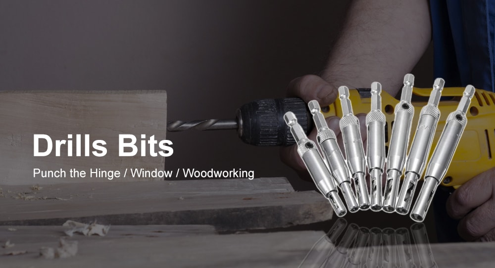 Self Centering Hinge Twist Drill Bits Window Doors Screw Hole Saw Woodworking Tool 7pcs - Silver