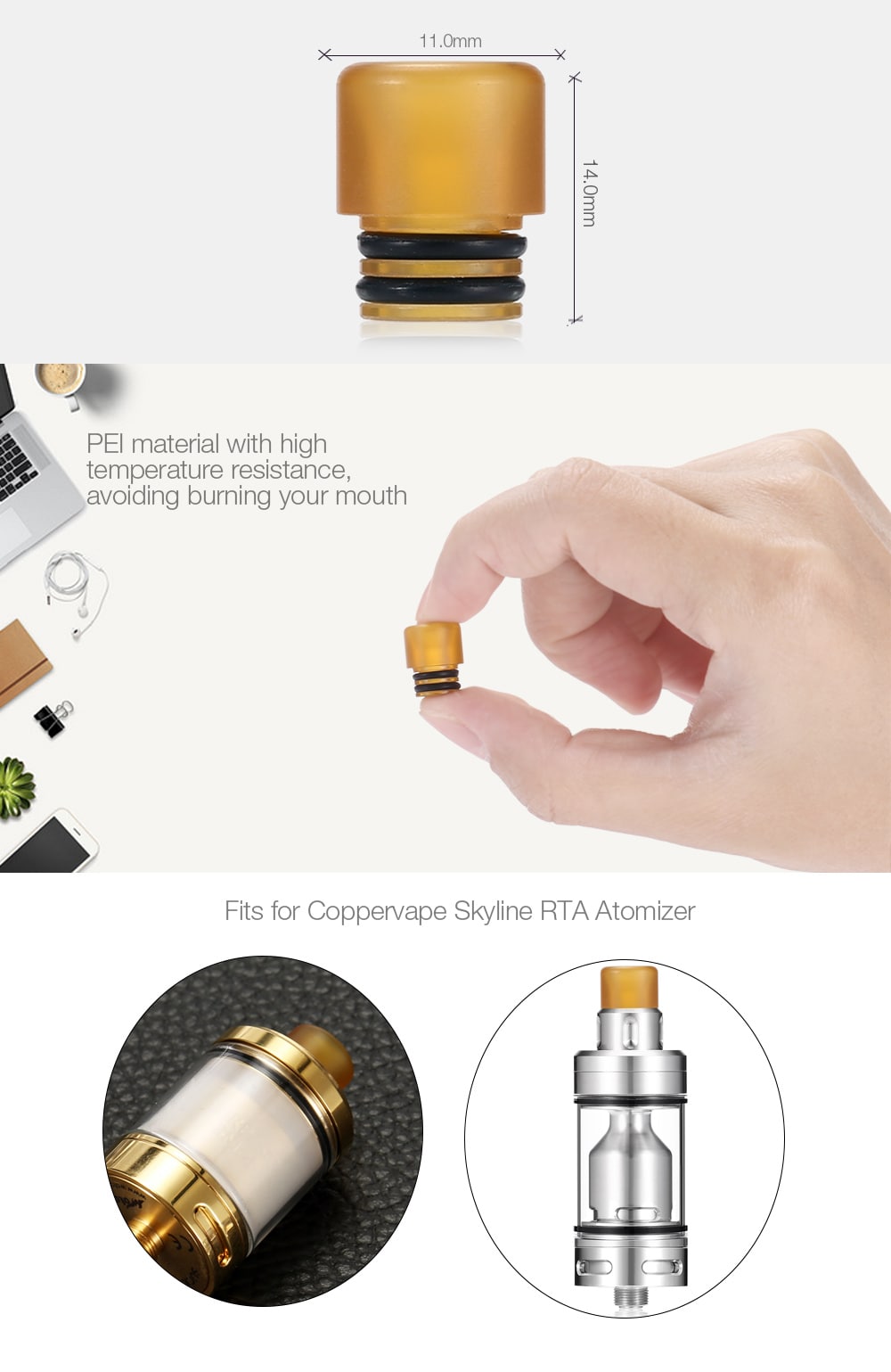 Replacement PEI Drip Tip for Coppervape Skyline RTA- Yellow