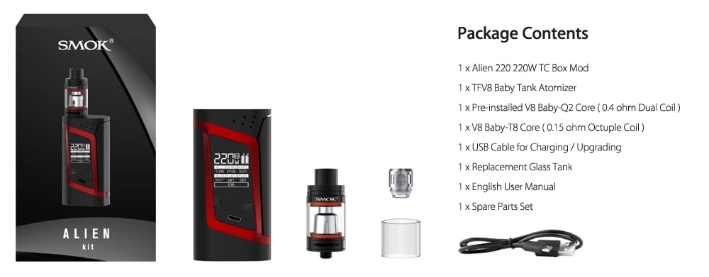 RHA 220W Alien Kit with 200 - 600F / 100 - 315C TC Box Mod / 3.0ml / 0.15ohm / 0.4ohm TFV8 Baby Tank Atomizer for E Cigarette- Black and Grey