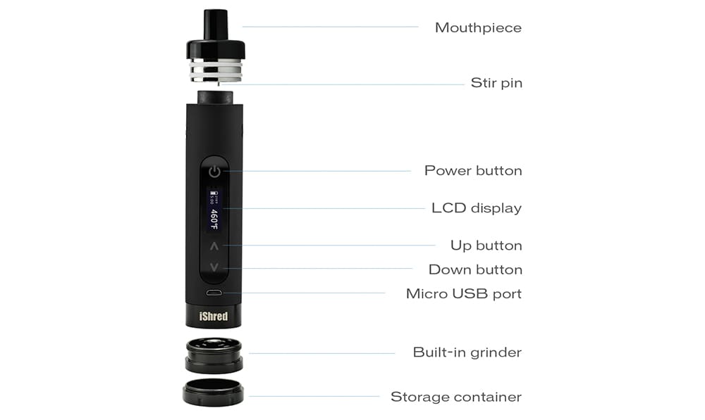 Yocan iShred Dry Herb Vaporizer Kit with Built-in 2600mAh Li-ion Battery- Black