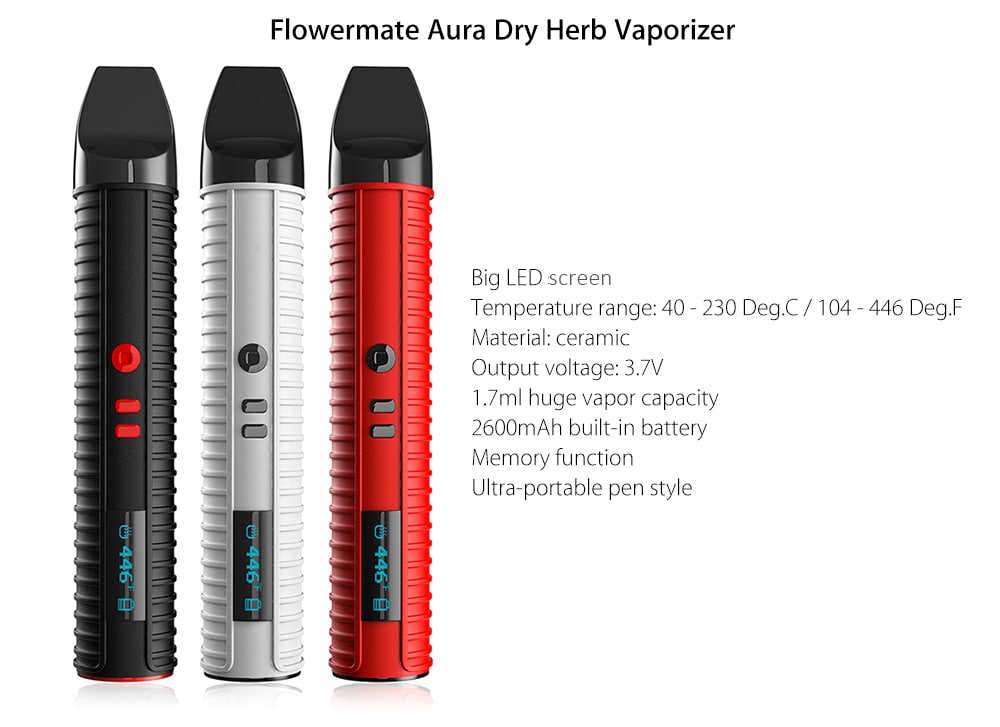 Original Flowermate Aura Dry Herb Vaporizer Pen with 2600mAh Battery / 40 - 230C / Ceramic Heating Chamber / LED Display- Black
