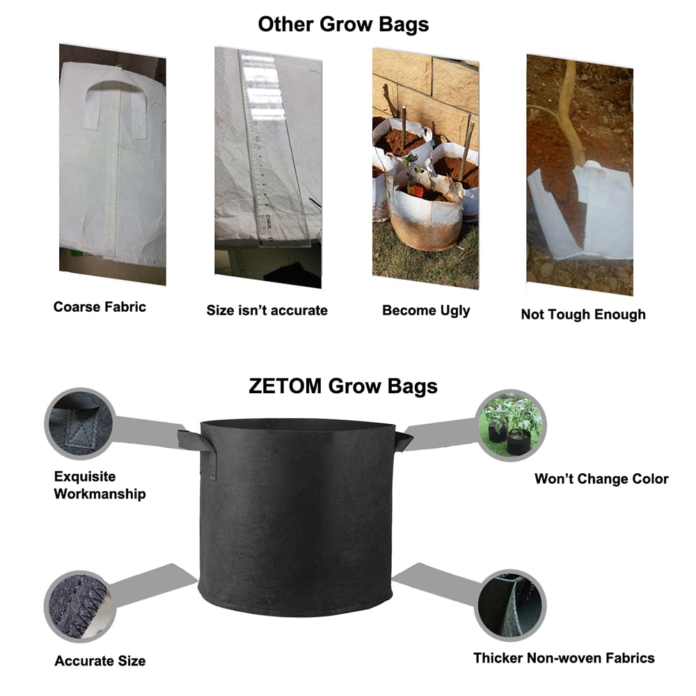 ZETOM Grow Bags, 5 Gallon Thickened Nonwoven Fabric Pots Nursery Garden Pots with Handles Plant Container 2-Pack- Black