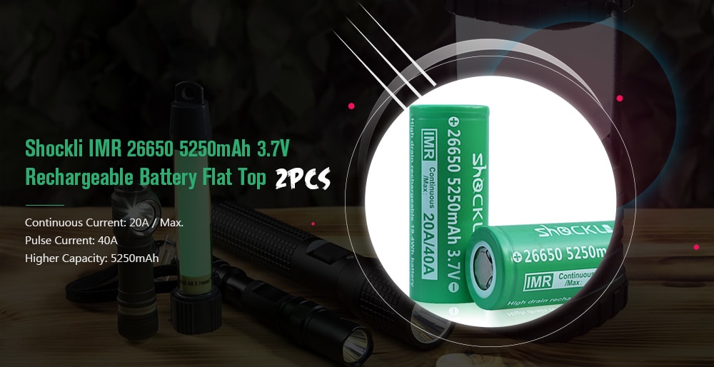Shockli IMR 26650 5250mAh 3.7V Rechargeable Battery Flat Top 2pcs- Shamrock Green