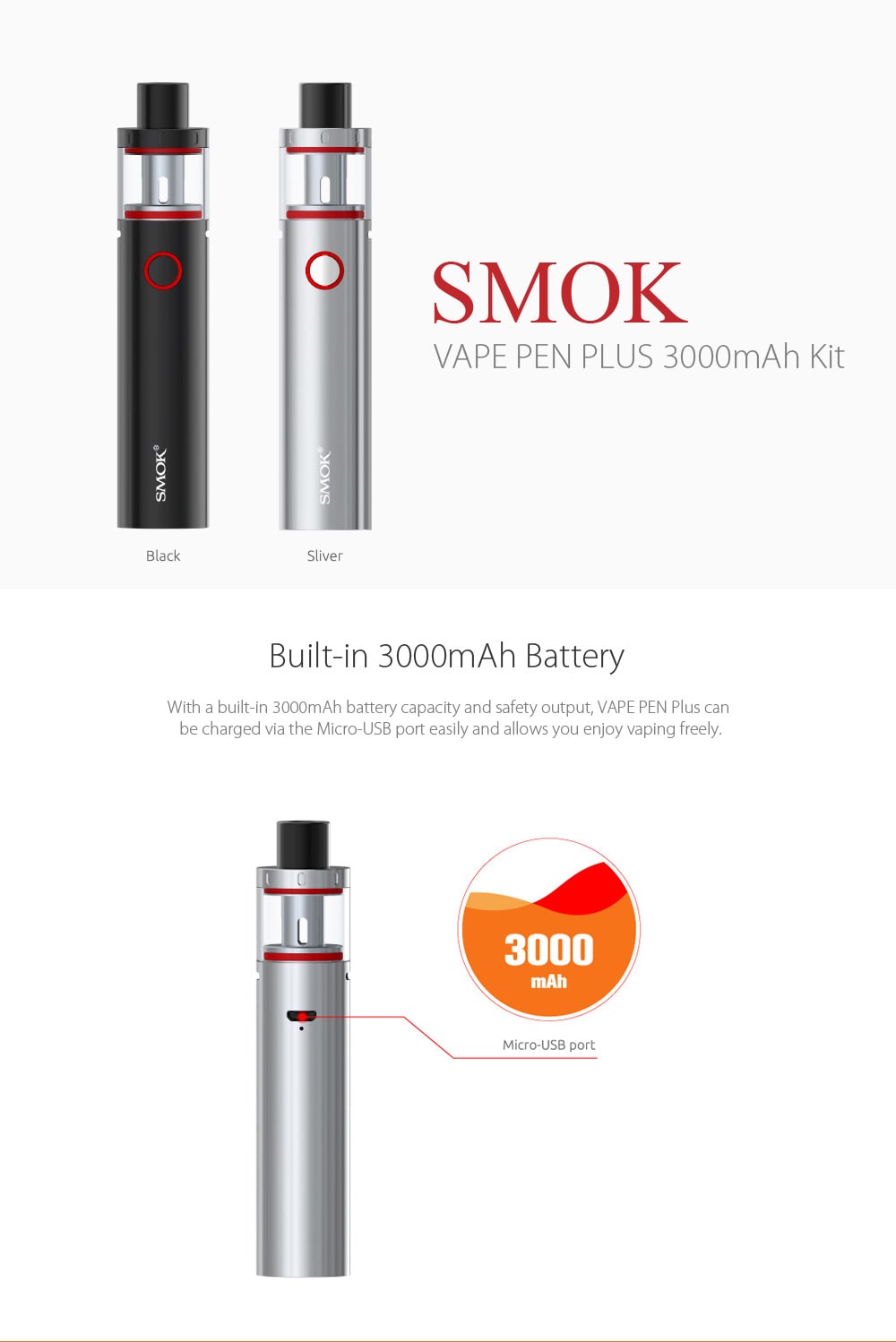 Original SMOK VAPE PEN PLUS 3000mAh Kit with Built-in 3000mAh / 4ml / 0.25 ohm Clearomizer for E Cigarette  - Silver
