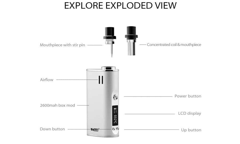 Yocan Explore Wax and Dry Herb 2-in-1 Vaporizer Kit with 2600mAh / 200 - 460F for E Cigarette- Black