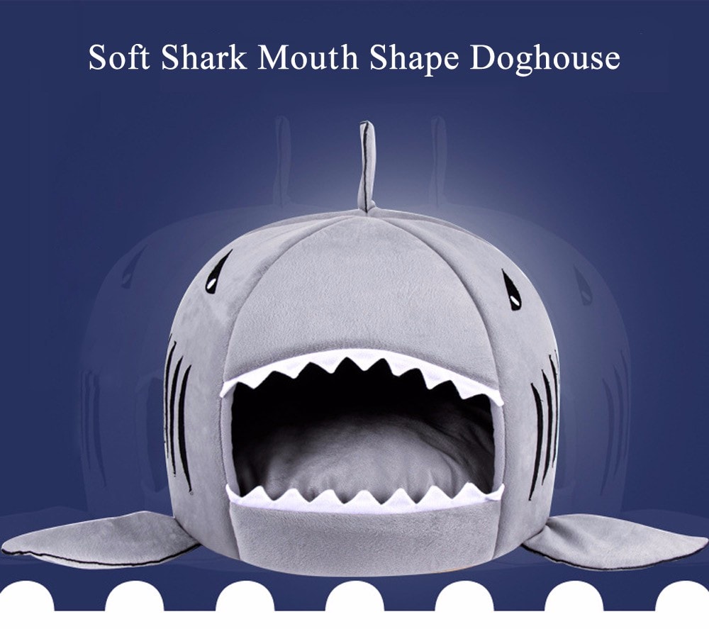 Lovely Soft Shark Mouth Shape Doghouse Pet Kennel with Cushion- Gray S