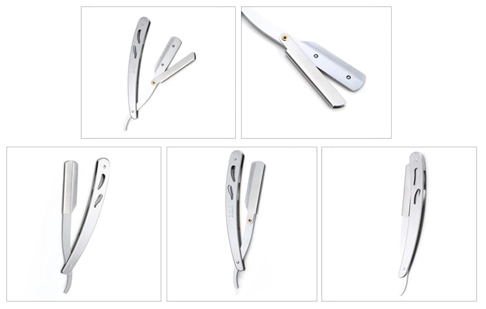 Men Straight Barber Edge Steel Razors Folding Shaving Knife Hair Removal Tools- Silver