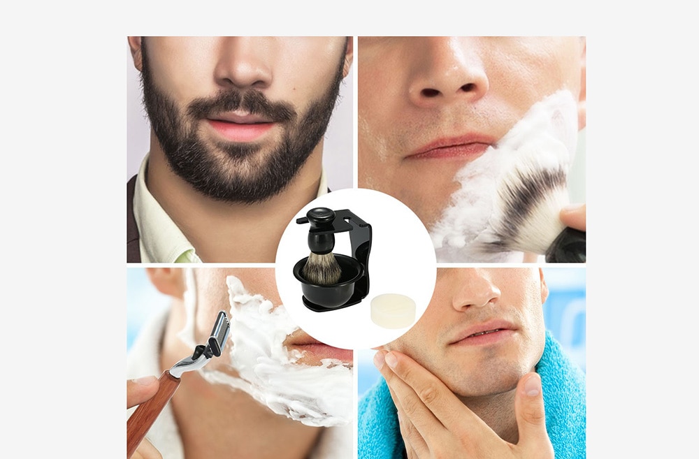 3 in 1 Shaving Beard Set for Dry Wet Badger Hair Brush Holder Bowl Male Facial Cleaning Tools- Black