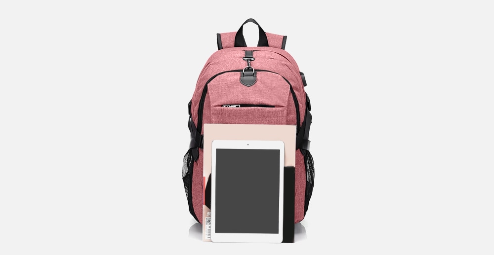 Men Canvas Casual Travel Backpack with USB Charge Port- Pink