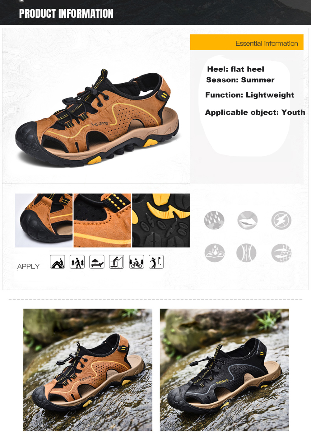 ZEACAVA Large Size Men's Outdoor Sandals Beach Shoes- Light Brown EU 43
