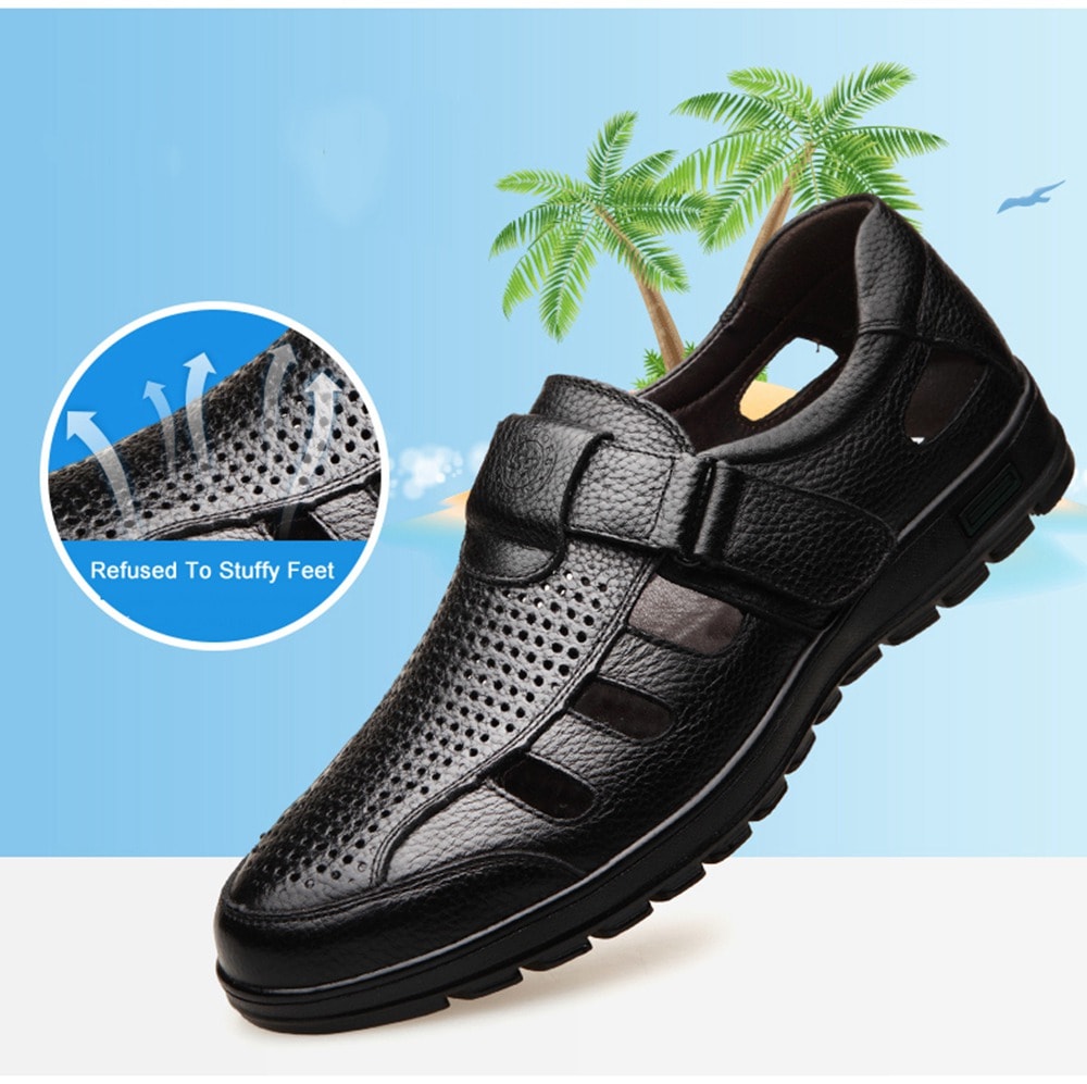 Muhuisen Men Leather Sandals Casual Beach Shoes- Deep Brown 40