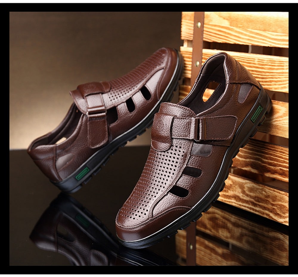 Muhuisen Men Leather Sandals Casual Beach Shoes- Deep Brown 40