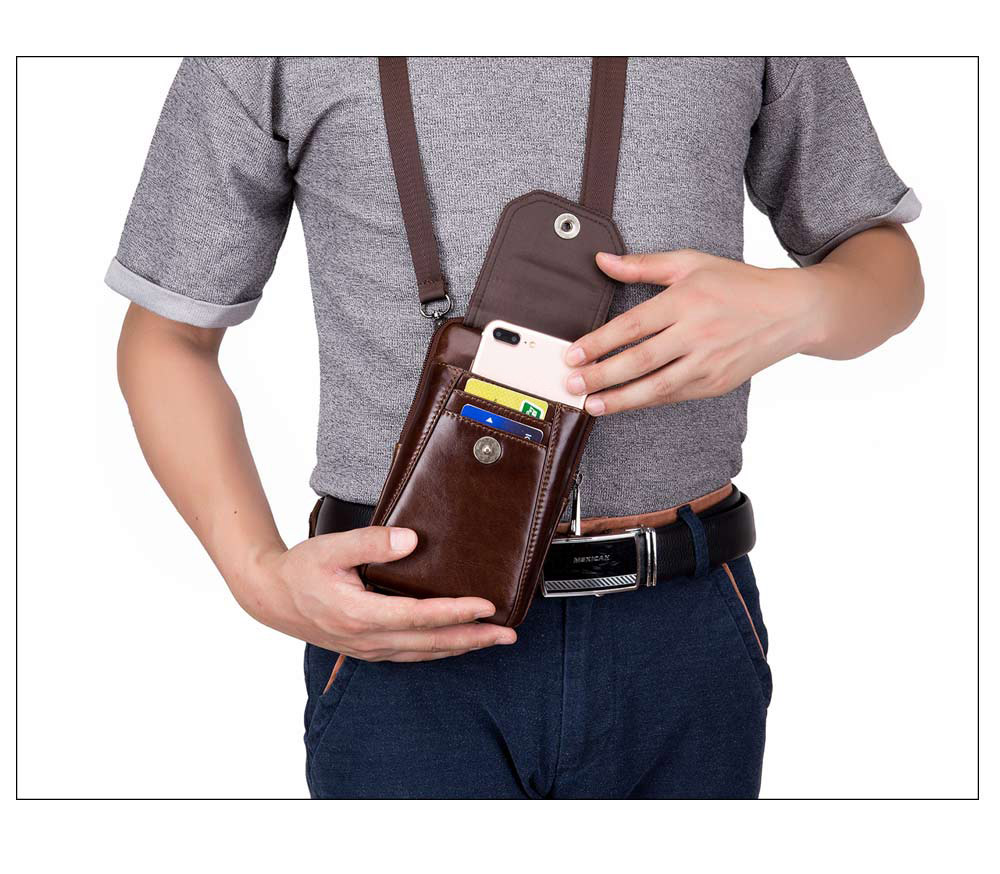Genuine Leather Men's Waist Packs Phone Pouch Bags- Coffee