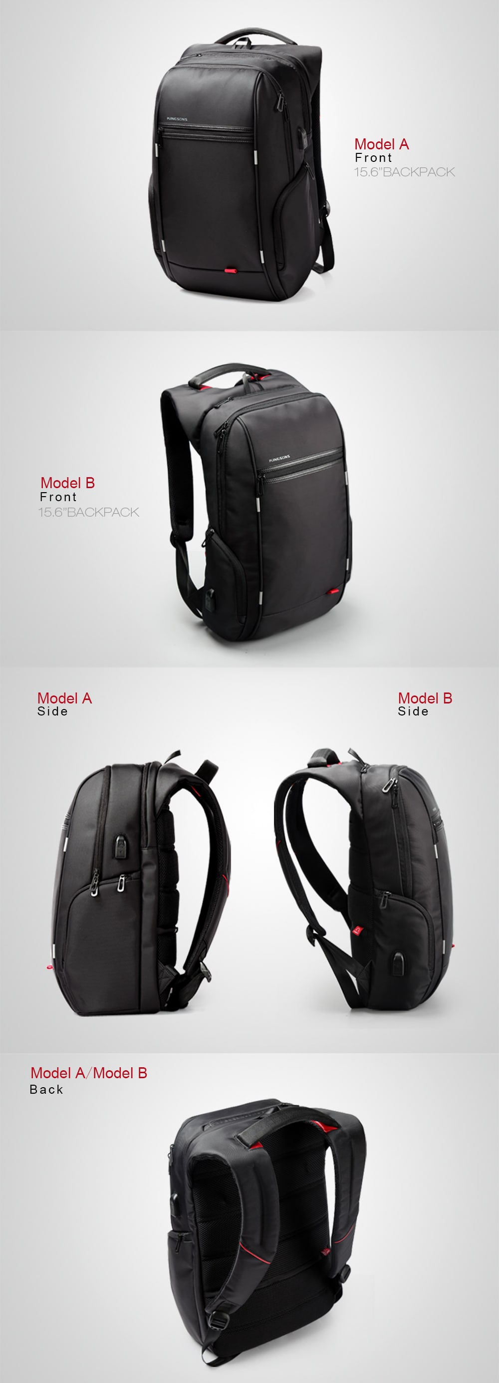 Kingsons KS3140W USB Charge Computer Backpacks Anti-Theft Waterproof Bags Fo Men- Black 15.6inch