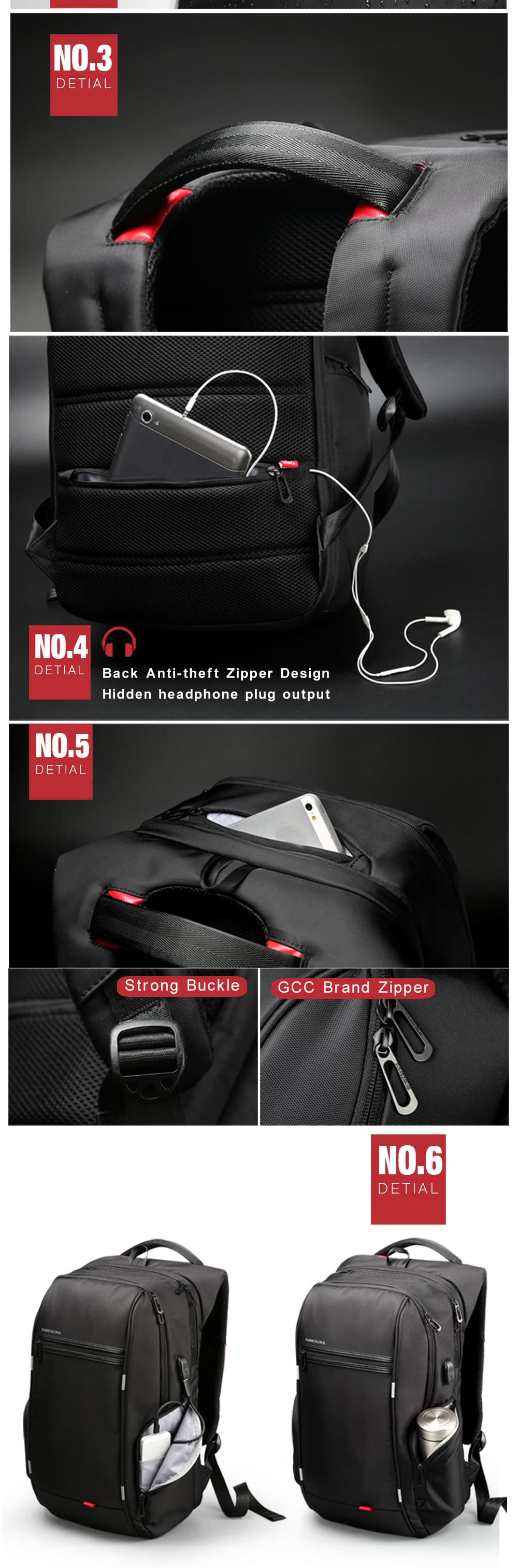 Kingsons KS3140W USB Charge Computer Backpacks Anti-Theft Waterproof Bags Fo Men- Black 15.6inch