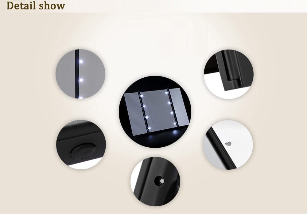 Fashion Portable Toilet Three Folding Table LED Lamp Luminous Makeup Mirror- White