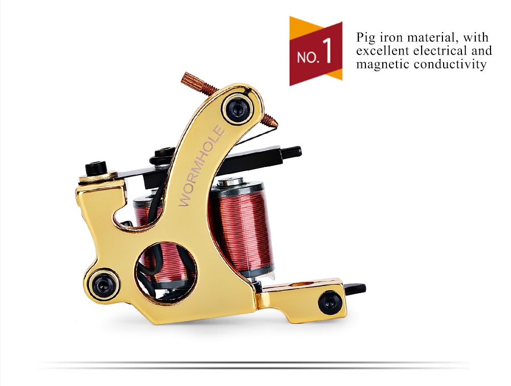 WORMHOLE TATTOO  Professional Iron 10 Wrap Coils Machine Liner Shader Gun- Golden