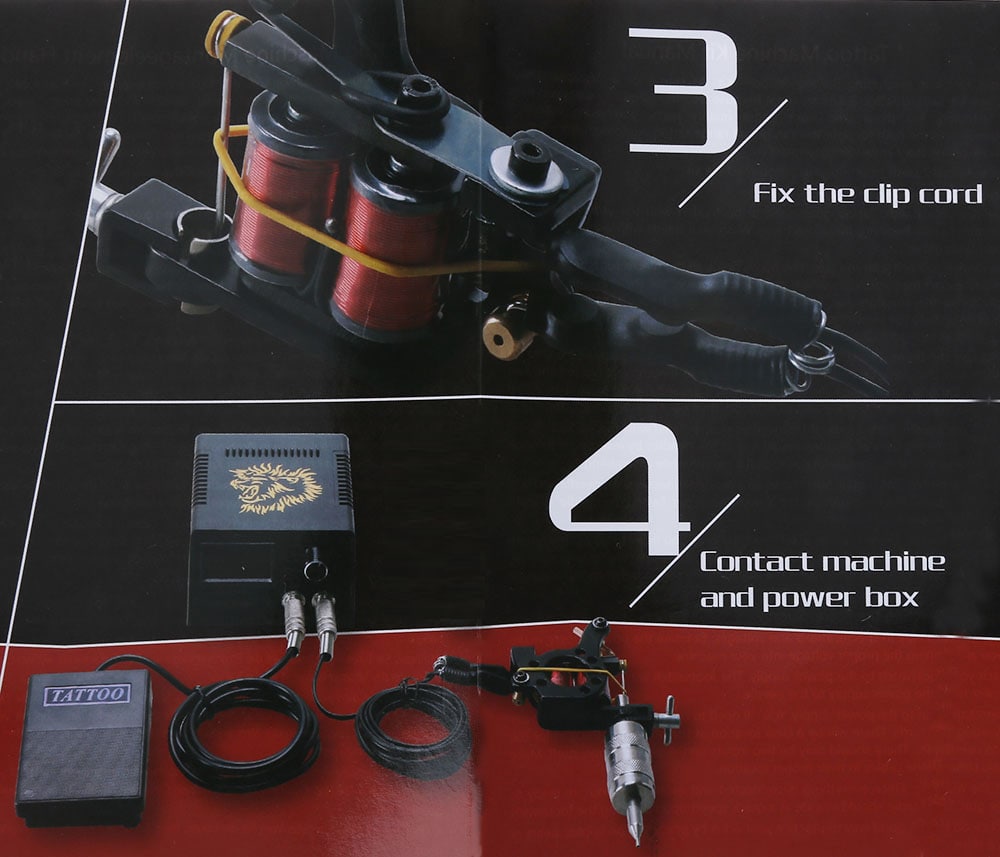 Tattoo Kit 2 Machine Gun Pigment Tips Power Supply Set 20 Needle for Beginner- Silver and Black EU Plug