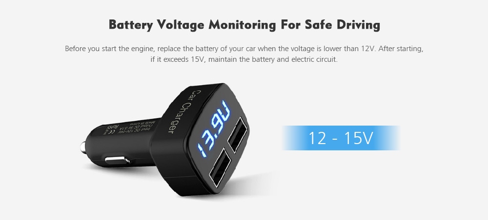 EC2 4 in 1 3.1A Dual USB Ports Car Charger with Voltage Current Temperature Display- Black