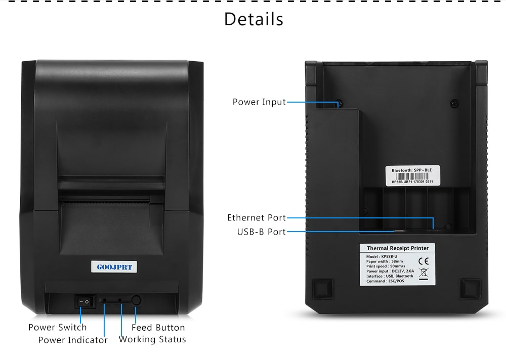  GOOJPRT 58H - USB 58MM Thermal Printer Receipt Printing Machine - Black CN PLUG