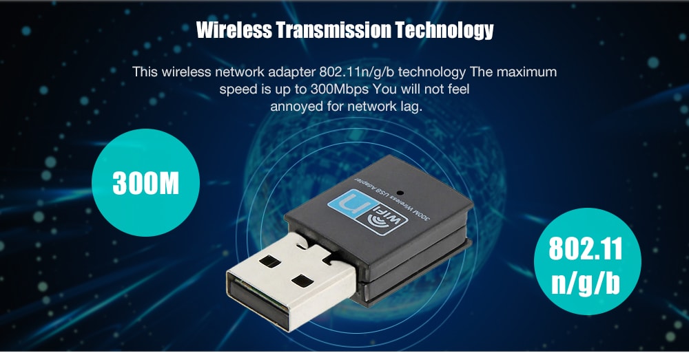 Mini USB 300Mbps WiFi Wireless LAN Network Internet Adapter 802.11n/g/b- Black