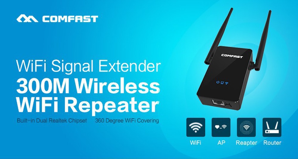 Comfast CF - WR302S 300M WiFi Repeater Dual 5dBi Antenna Signal Booster with Four Modes- Black US Plug