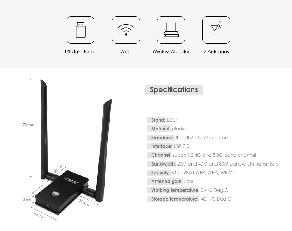 EDUP 1200Mbps Dual Band Wireless USB WiFi Adapter- Black
