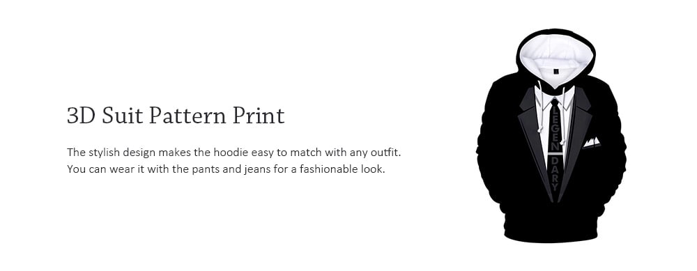 Fashion 3D Suit Pattern Print Long Sleeve Hoodie- Black 4XL