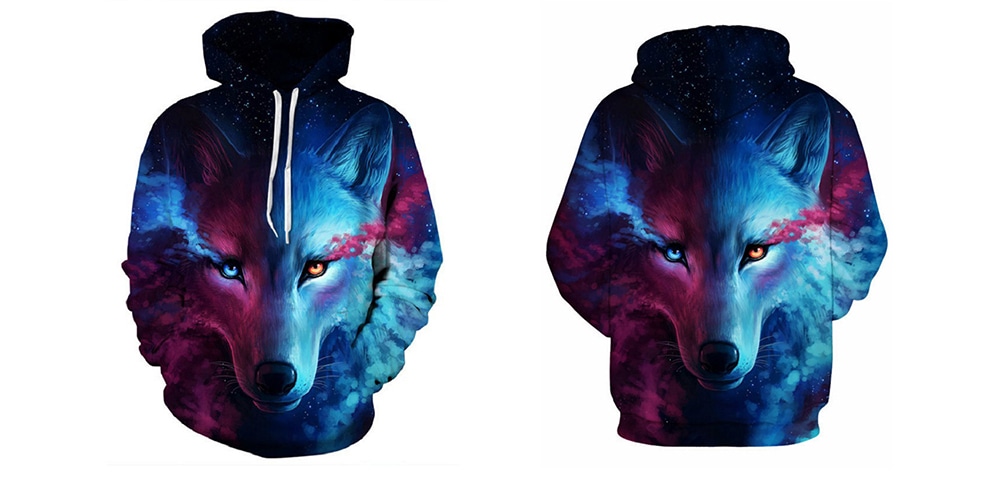Star Sky Wolf Digital Print Sweater Couples Baseball Wear Hooded Hoodie- Blue 3XL