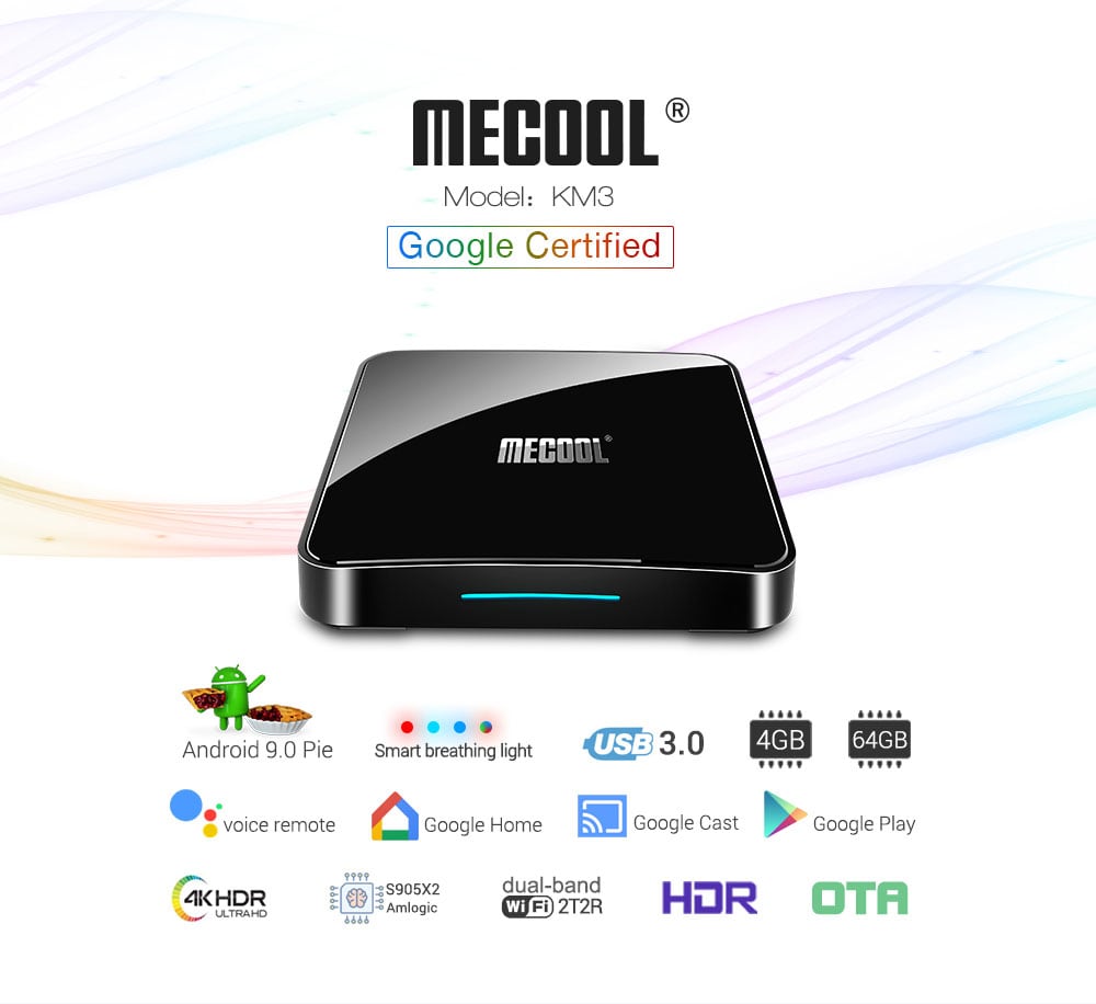 MECOOL KM3 Android 9.0 Voice Control TV Box Google Certificated Amlogic S905X2 4GB DDR4+ 64GB EMMC 2.4G + 5G WiFi Bluetooth 4.1 USB 3.0 Support 4K- Black UK Plug
