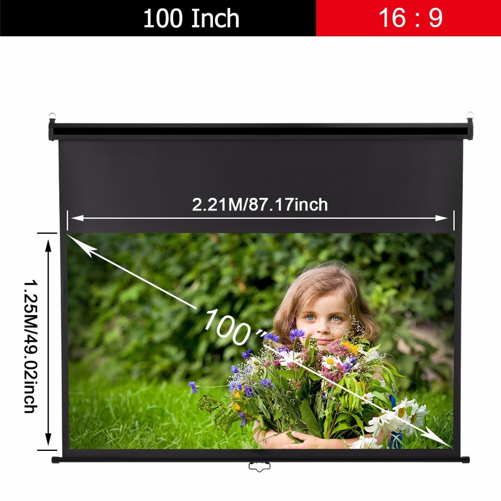 Excelvan 100 inch Diagonal 16:9 Ratio 1.2 Gain Manual Pull Down Projection Projector Screen Suitable For 1080P DTV/Sports/Movies/Presentations with Auto Locking Device- Black