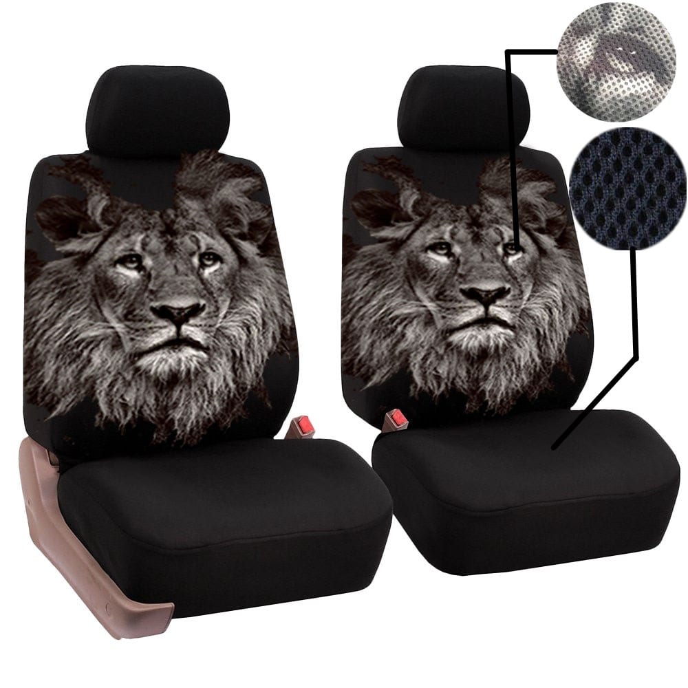 Universal Lion Head Print Car Seat Covers Kit 8pcs- Black